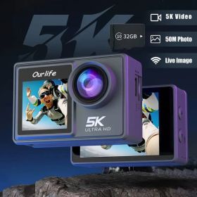Ourlife 5K 30fps Action Cam 50MP EIS Wifi Wireless Dual Dcreen Vlog Camera With 32GB Memory Card (Option: Style1)